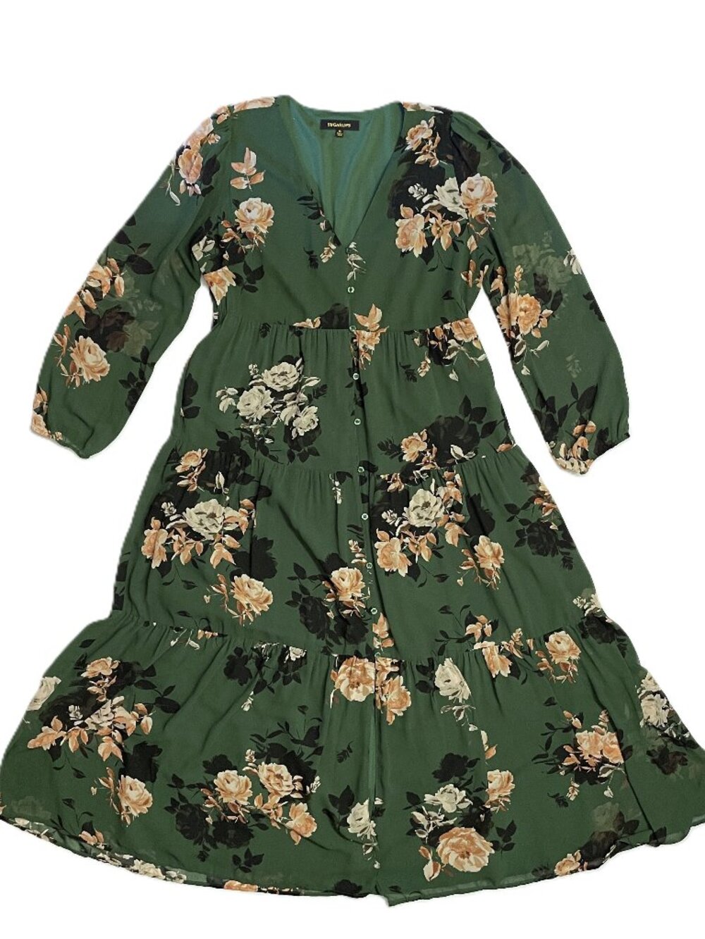 Sugarlips Dress XL Green Tiered Floral Long Sheer Sleeve Maxi Lined Graceful - Picture 6 of 14